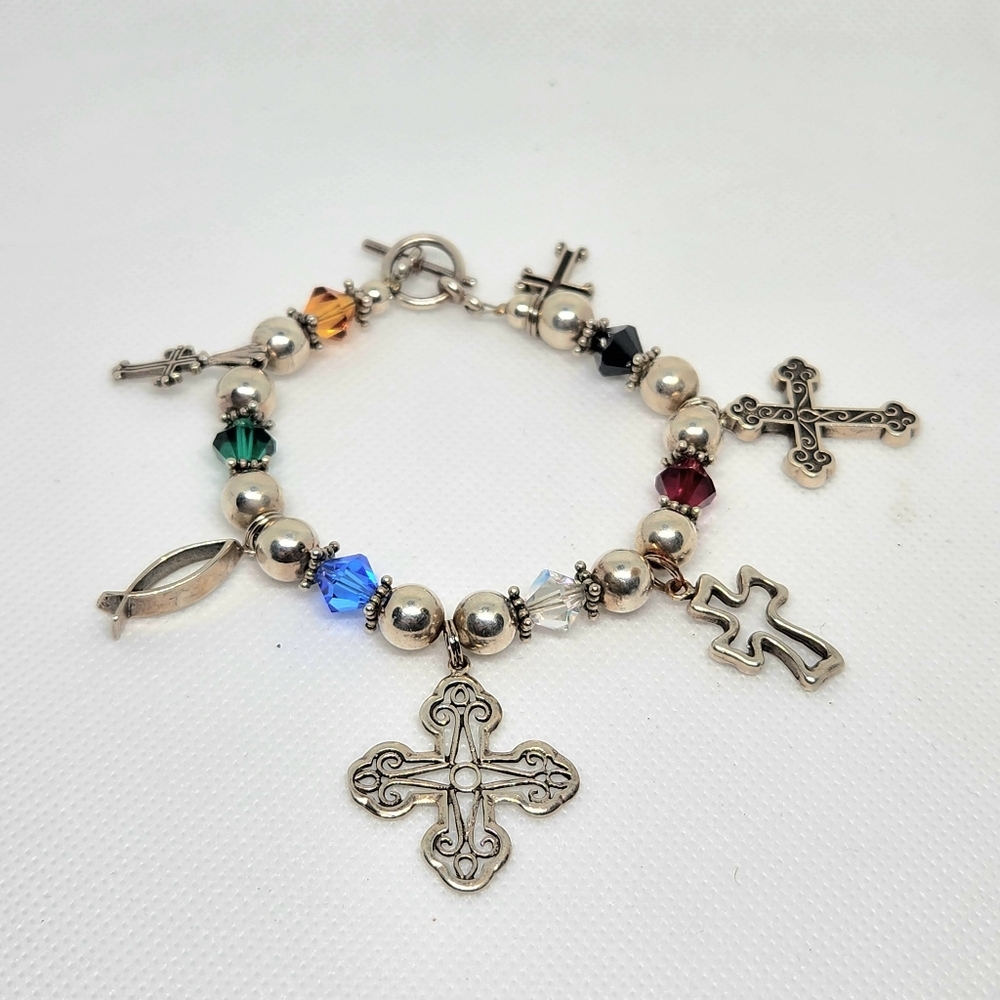 Multi Cross Charm Silver Bracelet. - Picture 3 of 6